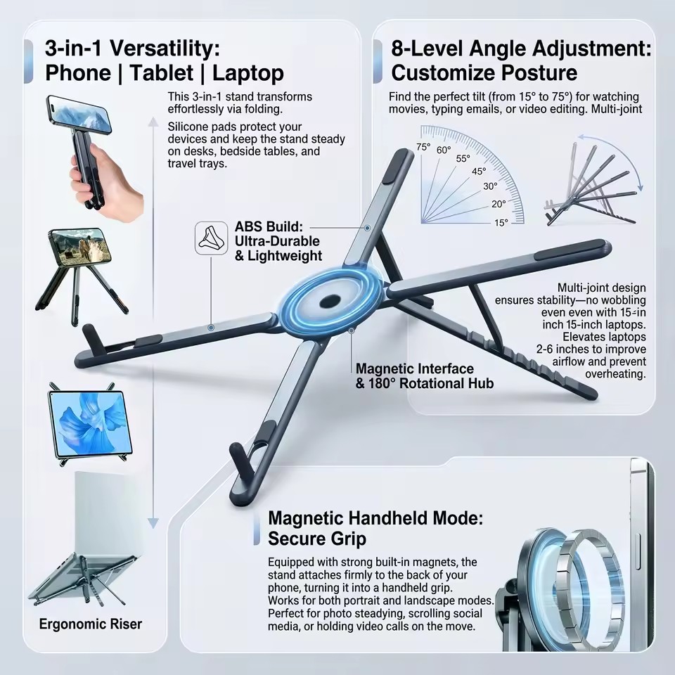 Laptop Office Accessories - ที่วางโทรศัพท์แม่เหล็กแบบพกพาและไม้เซลฟี่ 3-in-1 ขาตั้งกล้องแบบพับได้สำหรับ iPhone iPad แท็บเล็ต
