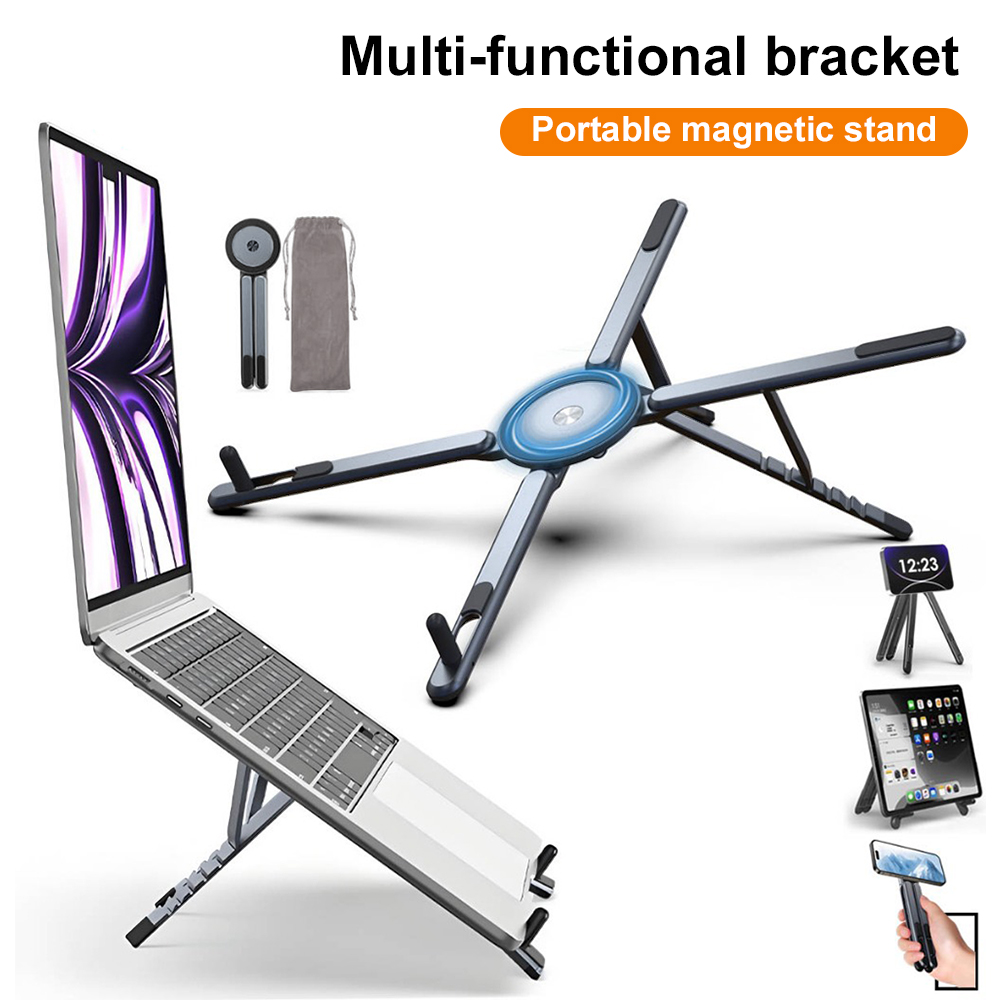 Laptop Office Accessories - ที่วางโทรศัพท์แม่เหล็กแบบพกพาและไม้เซลฟี่ 3-in-1 ขาตั้งกล้องแบบพับได้สำหรับ iPhone iPad แท็บเล็ต